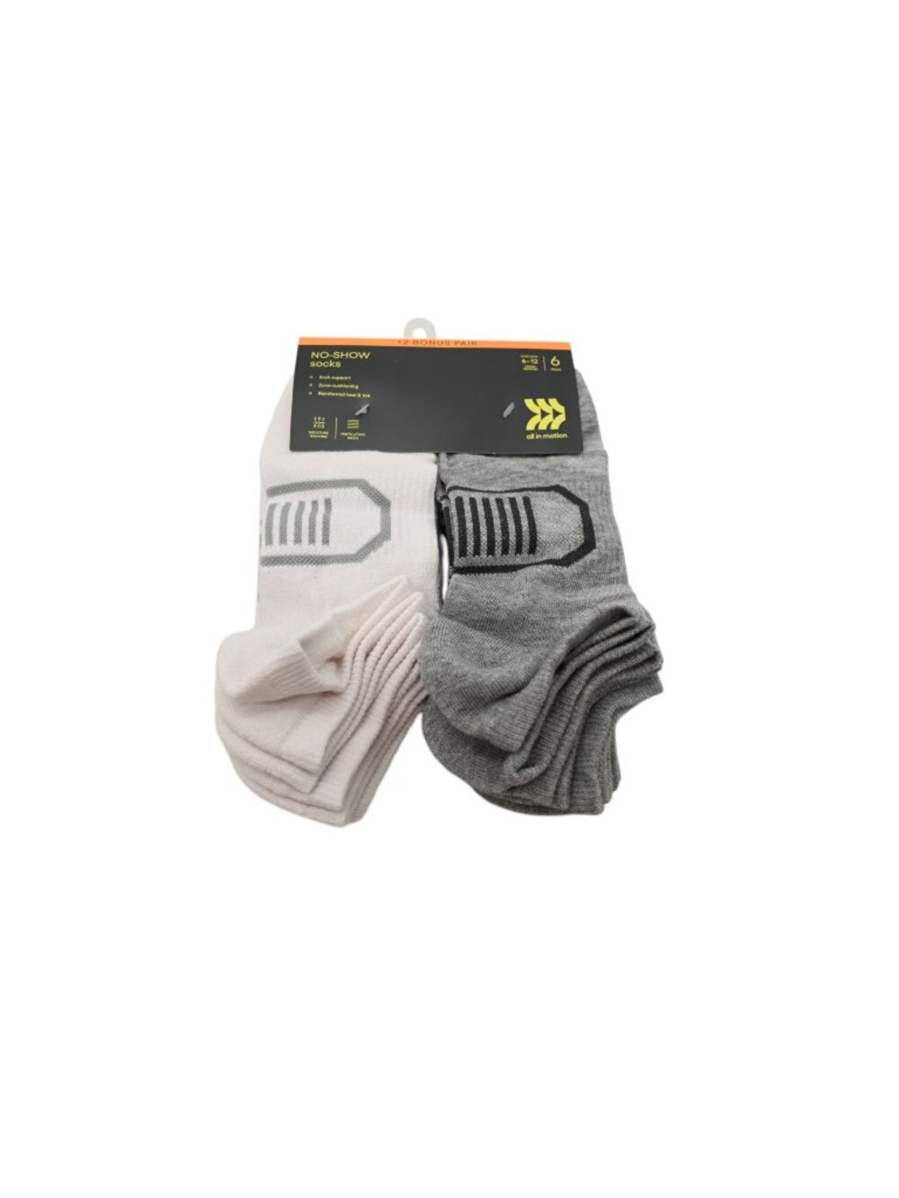 NWT All In Motion 8 Pack No Show Socks Shoe Size 6-12 White Gray Athletic Sport